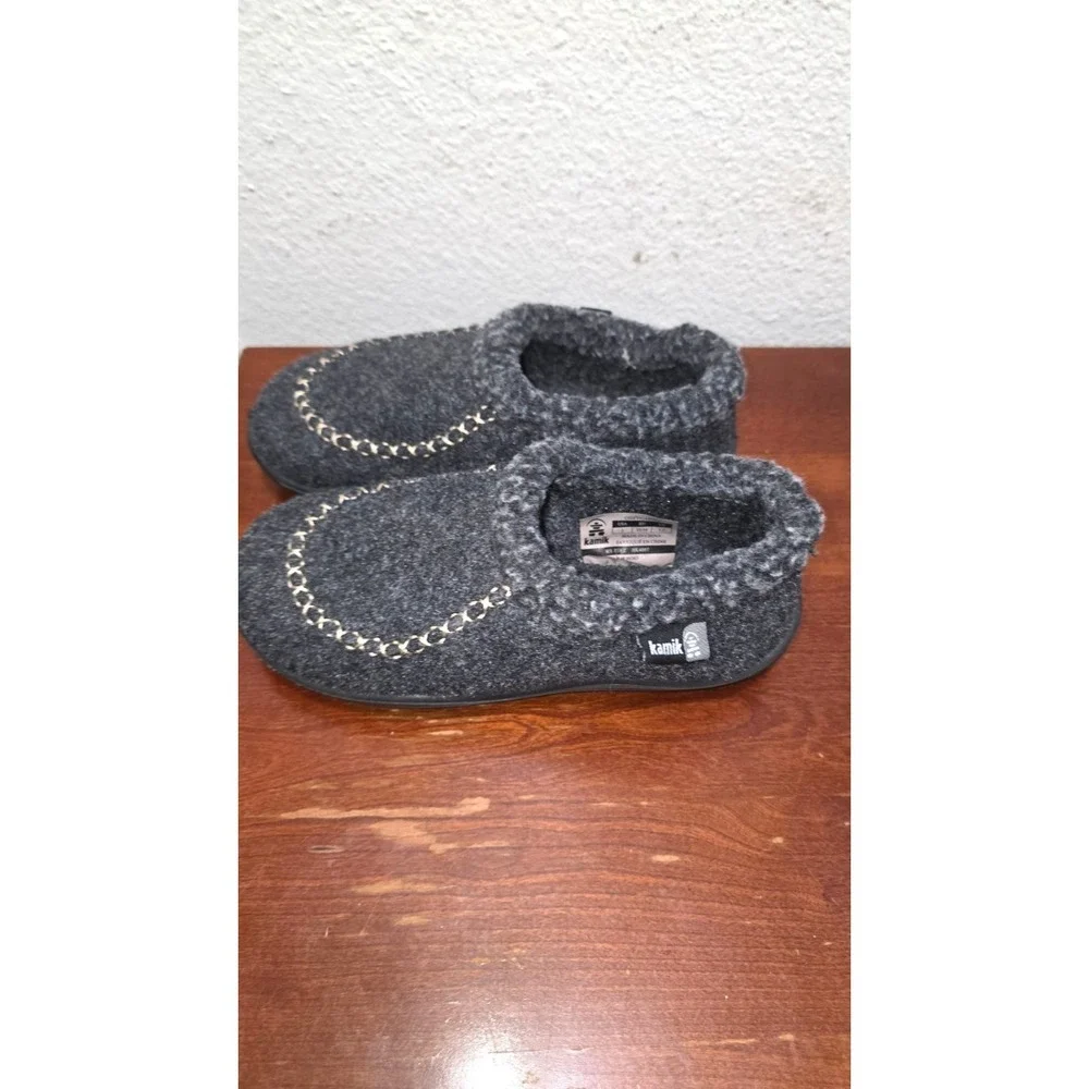 Kamik Kids 2 Gray Wool Blend‎ Slip-On Moccasin-Style Slippers Faux Fur Lining